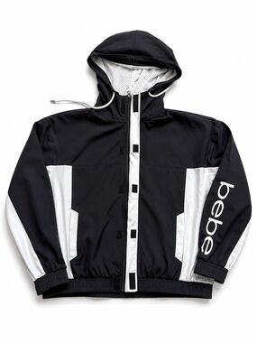 bebe Black and White Hooded Windbreaker with Logo Sleeve